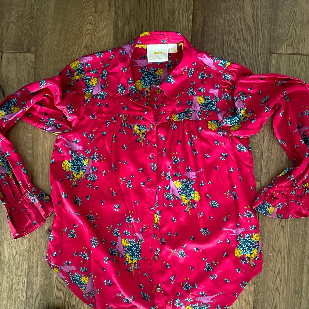Bright red blouse with birds